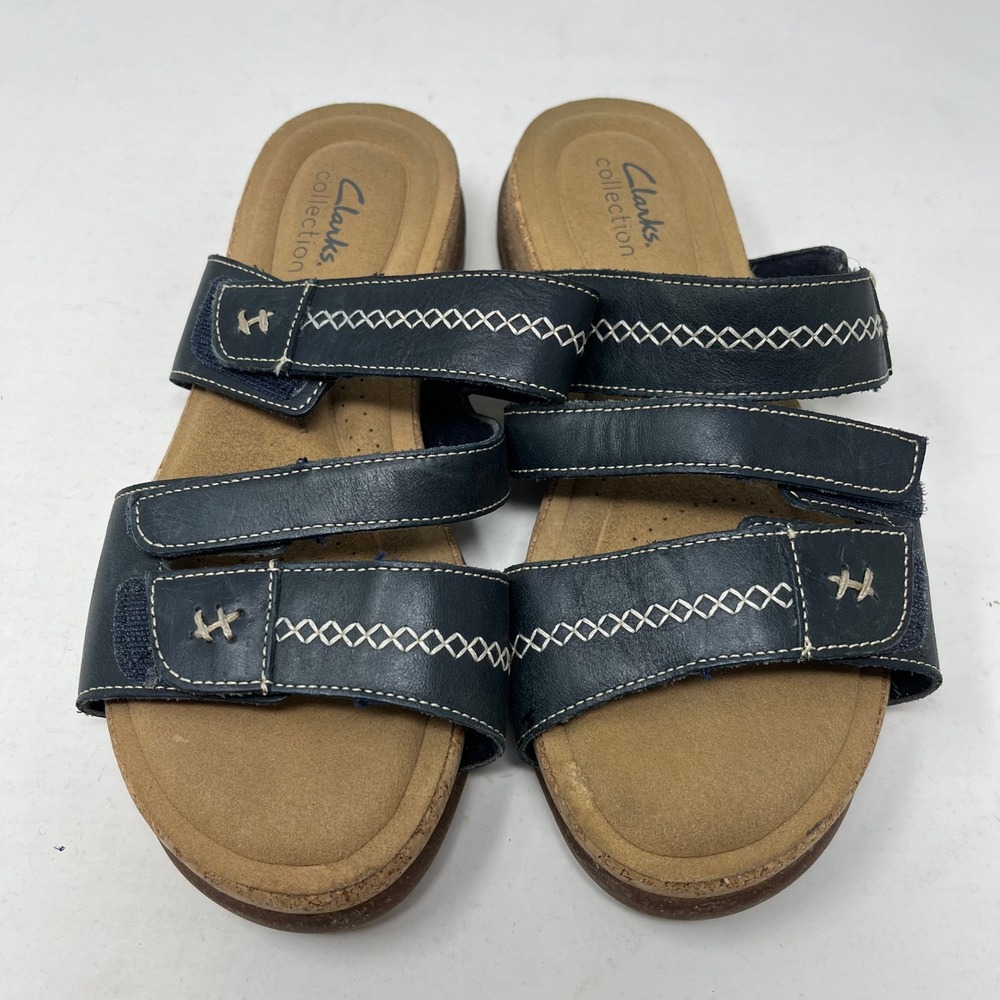 Clarks Collection Brinkley Flora Navy Blue Leather Slide Sandals Womens 8.5 M